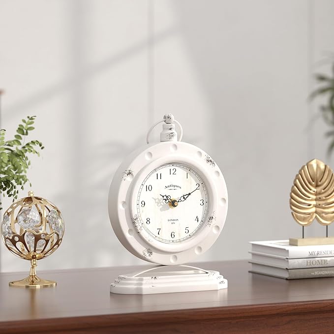 Vintage Table Clock, Desk and Shelf Mantel Clock, Antiques London Style White Decor Clocks, for Farmhouse, Living Room, Bedroom, Bedside, Gift (8.8" H x 6.3" W)