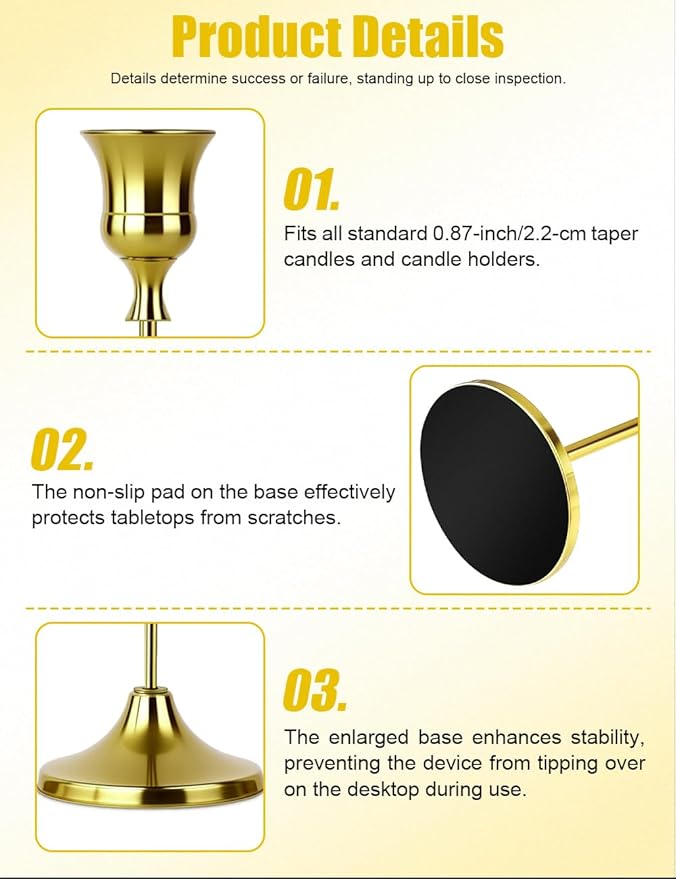 2 Sets(6 Pcs) Brass Tapered Candle Holder,Candlestick Tall Metal Candlestick Holders for Table Centerpiece Home Decor for Wedding Fireplace Mantel Housewarming Gift Fits 3/4 Inch Thick Candles