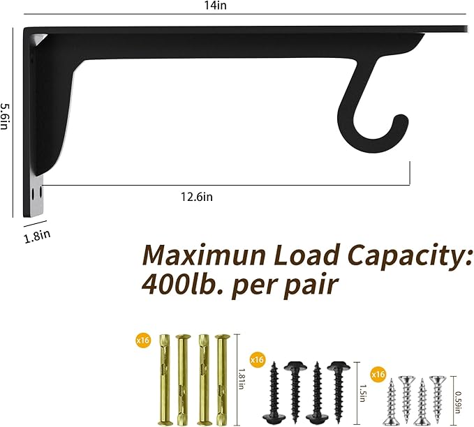 Closet Rod Support Bracket White WYGWP 14 inch Heavy Duty Shelf Brackets with Rod Holders Support 400lbs Wall Mounted Sturdy 2 Pack