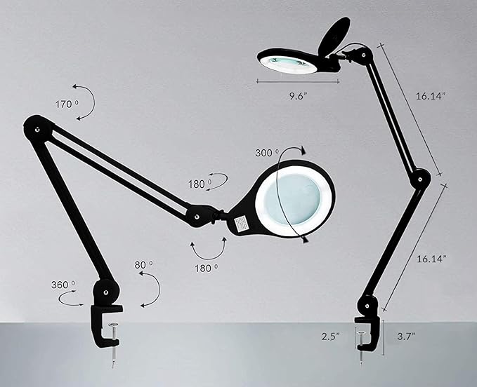 Neatfi 1,200 Lumens LED Magnifying Lamp with Clamp – 5-Inch Lens, 5 Diopter, Dimmable, Adjustable Arm, Includes Microfiber Cloth, Lamp for Reading, Sewing, Crafting (Black, 5 Diopter)