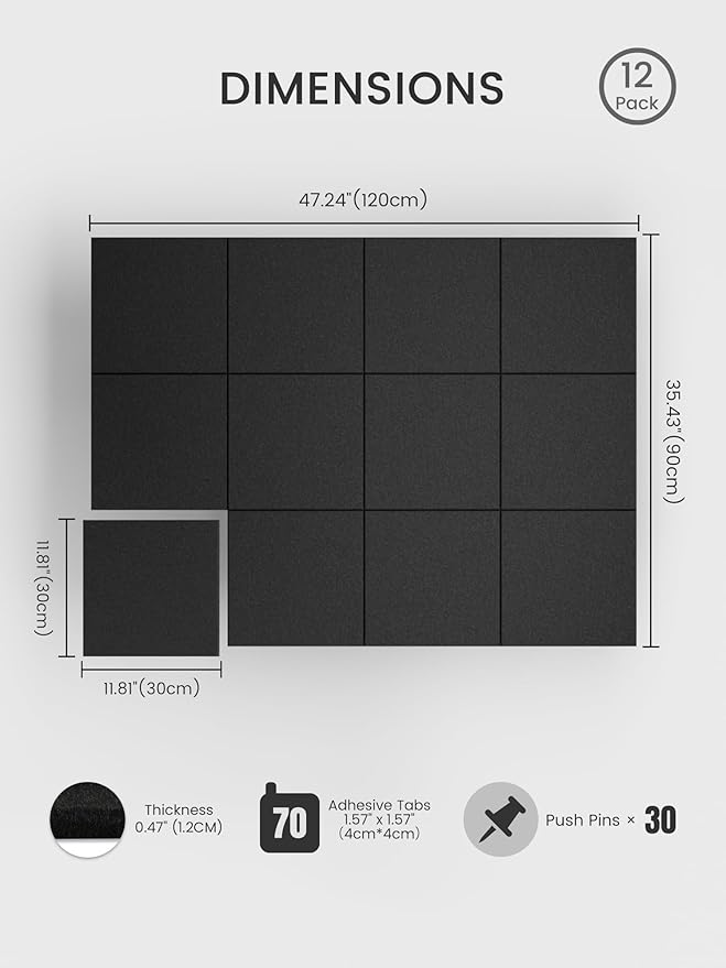 Bumusty Large Cork Board 48" x 36" Alternative - 12 Pack Felt Wall Tiles with 70 Safe Removable Adhesive Tabs, 30 Pushpins, Cork Boards for Walls Pin Board Bulletin Board Office Decor (Black)