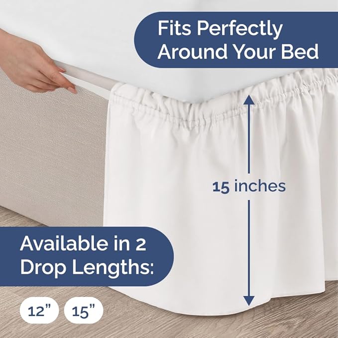 Wrap Around Dust Ruffle Bed Skirt - Antique White - for King Size Beds w/ 15 Inch Drop - Easy Fit Elastic Strap - Adjustable Pleated Bedskirt w/Brushed Fabric, Wrinkle Free Women, Men, Kids & Teens
