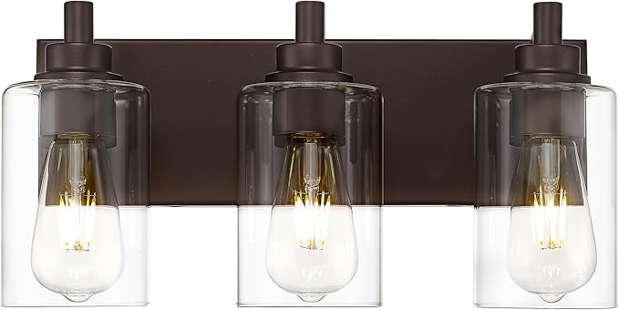 3-Light Bathroom Light Fixtures, Modern Vanity Light with Cylinder Clear Glass Shade, Vanity Lighting Fixtures Over Mirror, Oil Rubbed Bronze, VL143-ORB-3