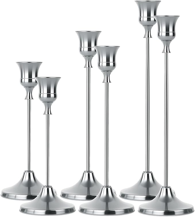 2 Sets(6 Pcs) Silver Tapered Candle Holder,Candlestick Tall Metal Candlestick Holders for Table Centerpiece Home Decor for Wedding Fireplace Mantel Housewarming Gift Fits 3/4 Inch Thick Candles