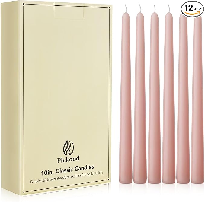 New Burning Formula Unscented Dripless 10-Inch Taper Candles Set of 12 - Pearl Blush, for Wedding, Dinner - Smokeless, Long Burning - Hand Poured, Colored Tall Candlesticks - Rubor Perla