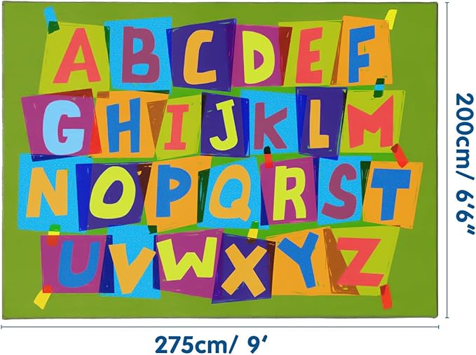 Booooom Jackson Classroom Rug Elementary 6’7'’ x 9', ABC Classroom Carpet Green Preshool Rugs for School, Classroom Area Rug Educational Carpet with Alphabet Non-Slip Backing,