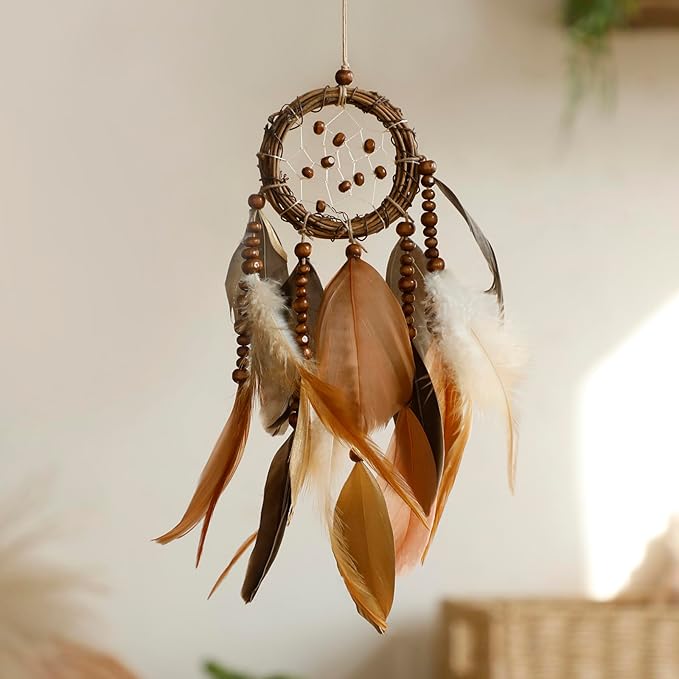 Mini Dream Catcher for Car Rear View Mirror Accessories - Handmade Small Brown Dreamcatchers Boho Car Charm Interior Decor, Native Ameican Indian Hanging Ornament Room Decor