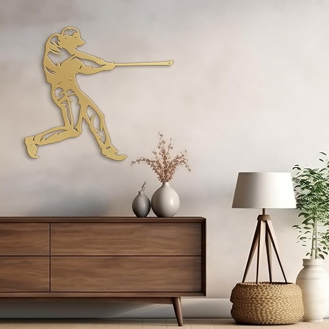 SIGNLEADER Metal Wall Art Decor - Baseball Batter Sport Minimalist Modern Abstract Wall Sculpture Hanging Home Decoration for Living Room, Bedroom, Bathroom, Kitchen, Studio, Outdoor - 36" Gold