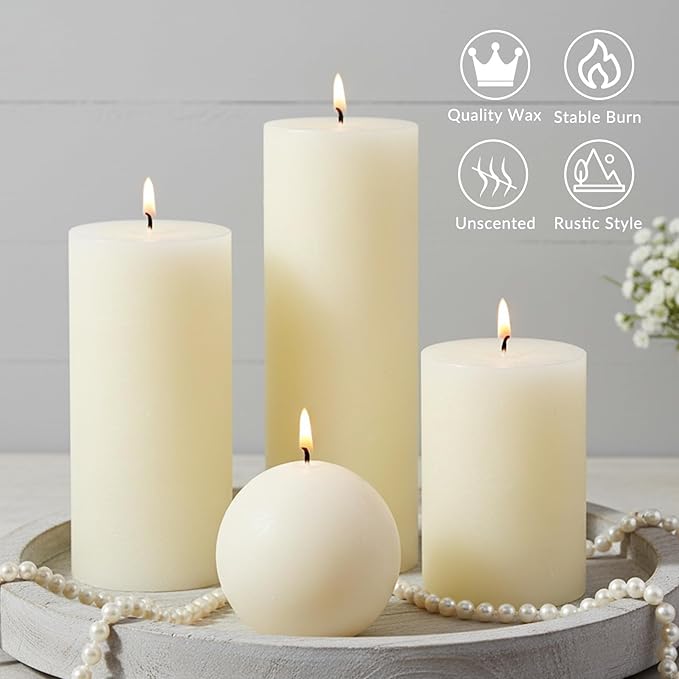 Ivory Rustic Textured Pillar Candles Set - 4 Pcs Assorted Sizes Unscented Pillar Candle, Decorative Farmhouse Candles for Home Centerpiece Decor, Holiday Dinner Table, Dripless & Smokeless