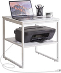Living Room Large Side Table, End Table with Charging Station, Refrigerator Stand Printer Table with Adjustable Shelves, Office Square Coffee Table with USB Ports White YD-TM153WD