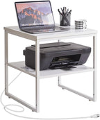 Living Room Large Side Table, End Table with Charging Station, Refrigerator Stand Printer Table with Adjustable Shelves, Office Square Coffee Table with USB Ports White YD-TM153WD