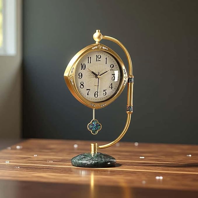 Quartz Movement Brass Mantel Clock with Long Power Reserve - Vintage Style Table Clock with Marble Base,Silent Home Decor for Living Room and Office