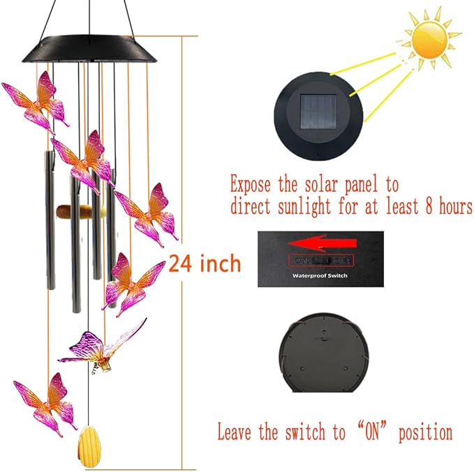 Wind Chimes,Purtuemy Solar Butterfly Lights for Outside Garden Yard Outdoor Decor, Mothers Birthday Gifts for Women Mom Grandma