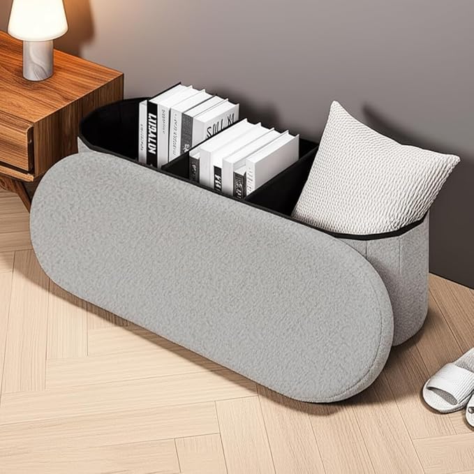 43.3 Inches Collapsible Ottoman with Storage, Bench with Storage Ottoman for Living Room, Bedroom & Entryway-Grey