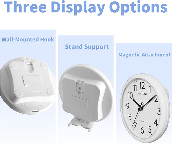 Caysie 6 Inch Waterproof Bathroom Shower Clock, Hanging or Standing Silent Battery Operated Quartz Magnetic Wall Clocks for Kitchen, Bathroom, Home (White)