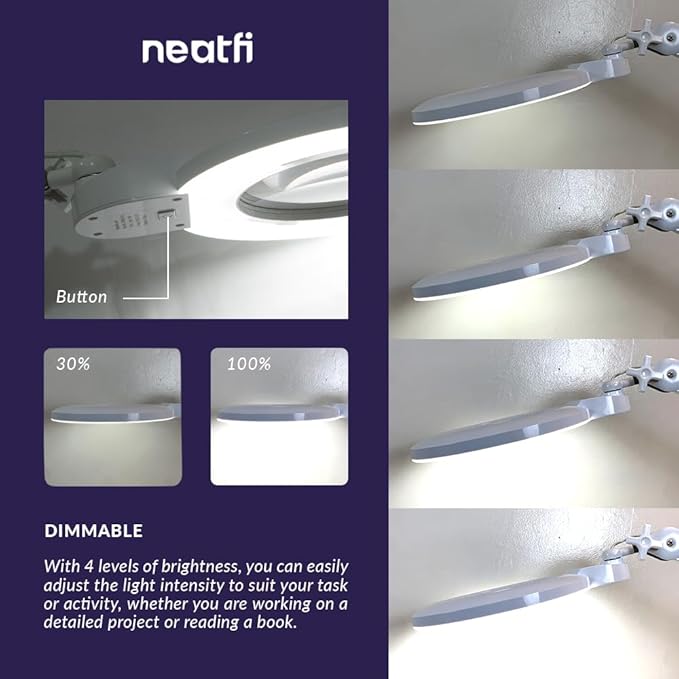 Neatfi XL Bifocal LED Magnifying Lamp – 7” Acrylic Lens, 5D/20D Magnification, 1,600 Lumens, Dimmable with 3 Light Modes, Adjustable Arm & Clamp, Lamp for Reading, Crafting (White, CCT with Clamp)