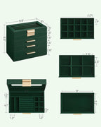 SONGMICS GISELLA Collection - Jewelry Box Organizer, 4-Layer Jewelry Storage with 3 Drawers, Shiny Metal Hardware, Glass Lid, Modern, 6 x 9.9 x 8.5 Inches, Forest Green and Gold Color UJBC161G01