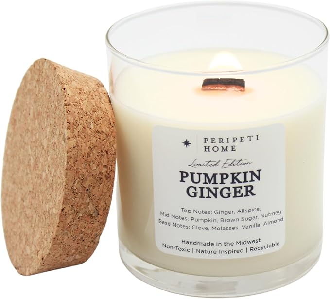 PERIPETI Home Pumpkin Ginger Scented Candle, Wooden Wick – 8.5oz Natural Soy Wax for Energizing Aromatherapy, Long-Lasting Burn with a Cozy Fall Scent