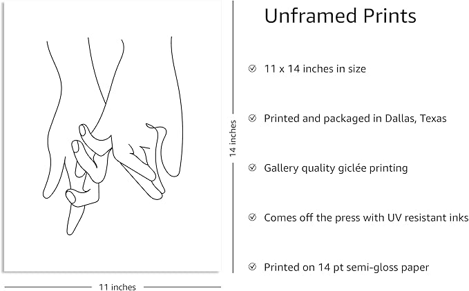 Y2K BOO Holding Hands UNFRAMED Wall Art Interlocking Fingers Continuous Line Drawing Love Connection 11x14 Inch Heavyweight Paper Studio Decor