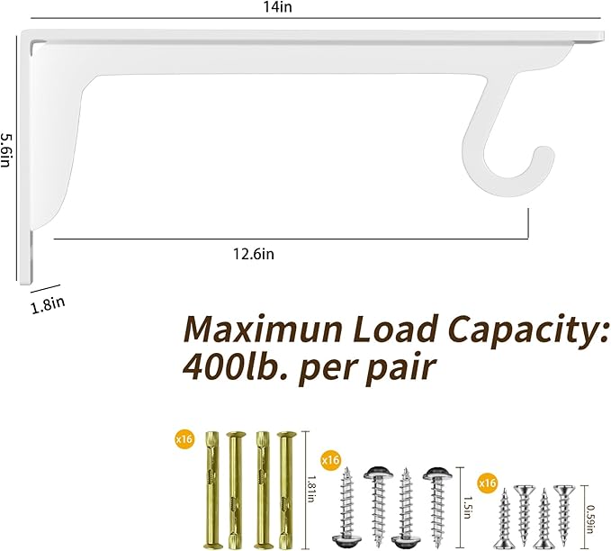 Closet Rod Support Bracket White WYGWP 14 inch Heavy Duty Shelf Brackets with Rod Holders Support 400lbs Wall Mounted Sturdy 2 Pack