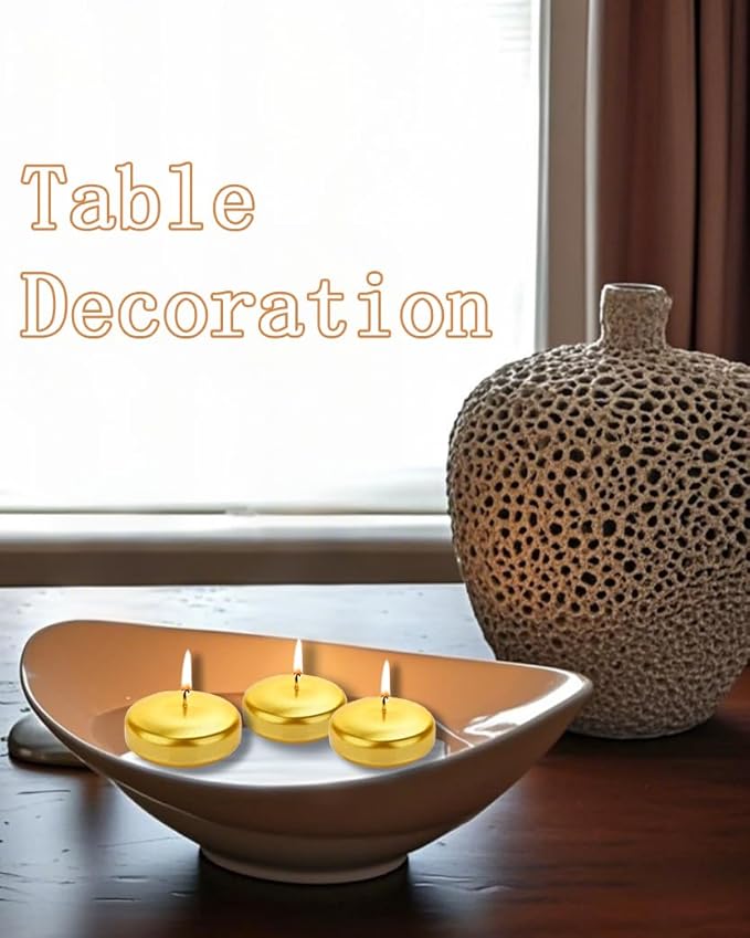 Floating Candles 3 inch Unscented and Non-Dripless Wax Burning for 13-15 Hours, 12 Pack Gold Floating Candles Used for Cylindrical Vases, Centerpieces at Parties Wedding and Home Decorations