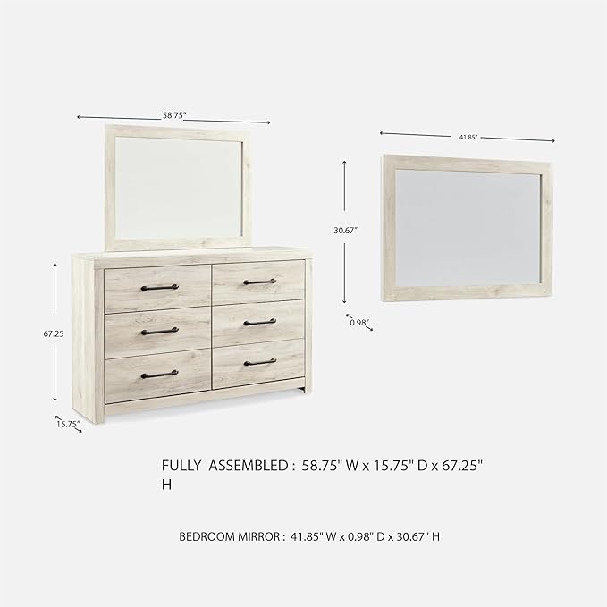 Signature Design by Ashley Cambeck Vintage Smooth-Gliding 6-Drawer Dresser and Mirror with Safety Stop, Whitewash