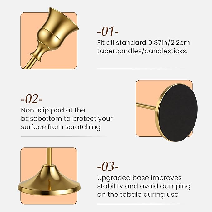 Gold Candle Holders Set -30pcs Taper Candle Holder for Candlesticks, Tall Metal Candlestick Holders for Table Centerpiece, Home Decor, Fits 3/4 Inch Thick Candles (Gold, 4 Sets(12 Pcs))
