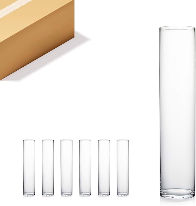 WGV Cylinder Vase Bulk, Diameter 5", Height 24", Clear Glass Floral Planter Container, Tall Centerpiece Arrangement for Wedding Party Event Home Office Decor, 6 Pieces
