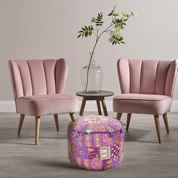 Aakriti Gallery Indian Pouf Footstool Ethnic Embroidered Pouf Cover, Indian Cotton Round Pouffe Ottoman Pouf Cover Pillow Ethnic Decor Art - Cover Only (Purple, 22x14)