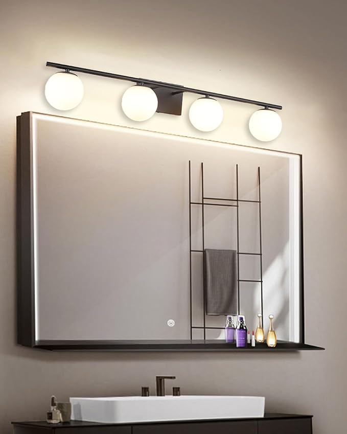 New Bathroom Vanity Light Fixtures Matte Black Milk White Globe Glass Shade 4 Lights Modern Wall Bar Sconce Over Mirror(4 lights-35.43inch)