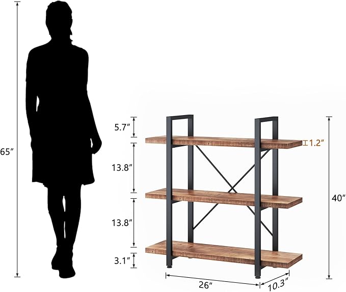 HSH Solid Real Wood Bookshelf, 3 Tier Rustic Vintage Industrial Book Shelf, Small Short Etagere Natural Wooden Bookcase, Open Metal Farmhouse Solid Wood Book Shelf, Distressed Brown