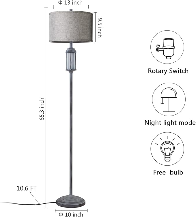 65'' Rustic Floor Lamp for Living Room with 2 Light Sources, Frosted Nightlight Vintage Farmhouse Tall Standing Lamp for Bedroom Reading Room Office Corner, Bulb Included