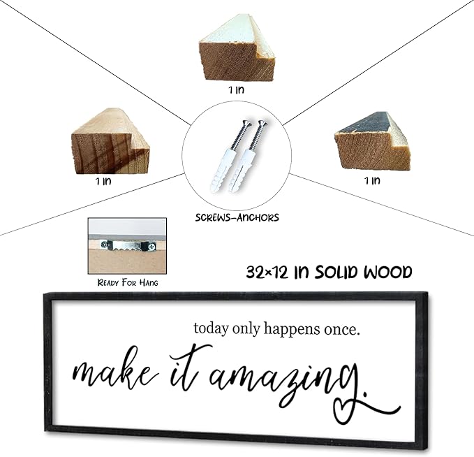 Surfapans Inspirational Wall Decor 32"X12" Today Only Happens Once Make It Amazing Sign Motivational Quote Office Positive Large Rustic Farmhouse Living Room Horizontal Wall Hanging Art (Black)