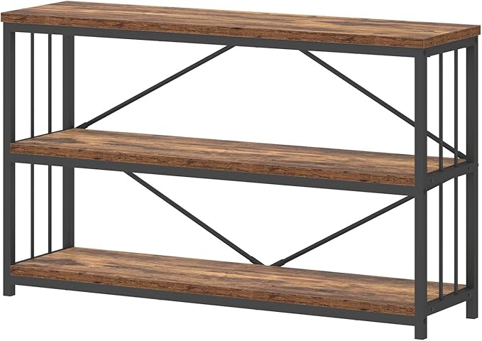 IBF Farmhouse Low 3 Tier Bookshelf, Industrial Rustic Horizontal Wood Bookcase, Modern Wide Open Metal Etagere with Storage, Vintage Book Shelf for Office Bedroom Living Room, Rustic Brown, 47 Inch
