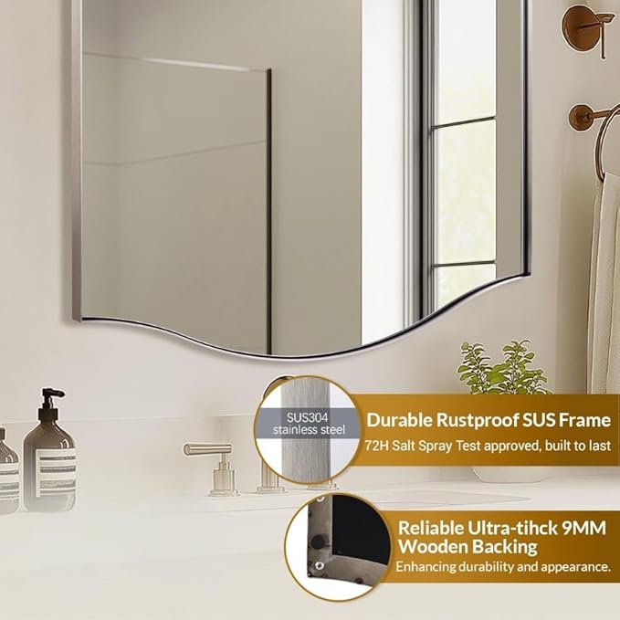 ANDY STAR 30"x48" Scalloped Mirror，Brushed Nickel Rectangle Bathroom Mirror with Curved Edge Stainless Steel Metal Frame, Large Wall-Mounted Mirror for Bathroom, Entryway (Horizontal/Vertical)