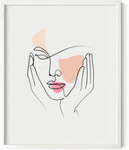 Aesthetic Face Wall Art Hands on Cheeks Continuous Line Drawing Abstract Pink Shapes 8x10 Inch Oak Wood White Framed Modern Portrait for Bedroom Vanity