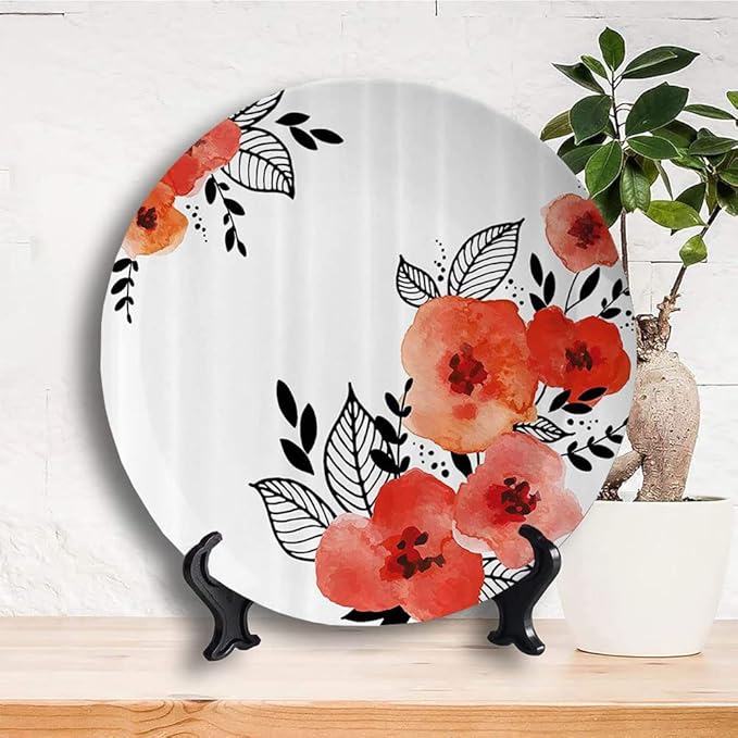 Ceramic Display Plate, Floral Ceramic Hanging Decorative Plate, Vibrant Colored Poppies Art Print, 6 Inch, Living Room Kitchen Decoration Household, Vermilion Black