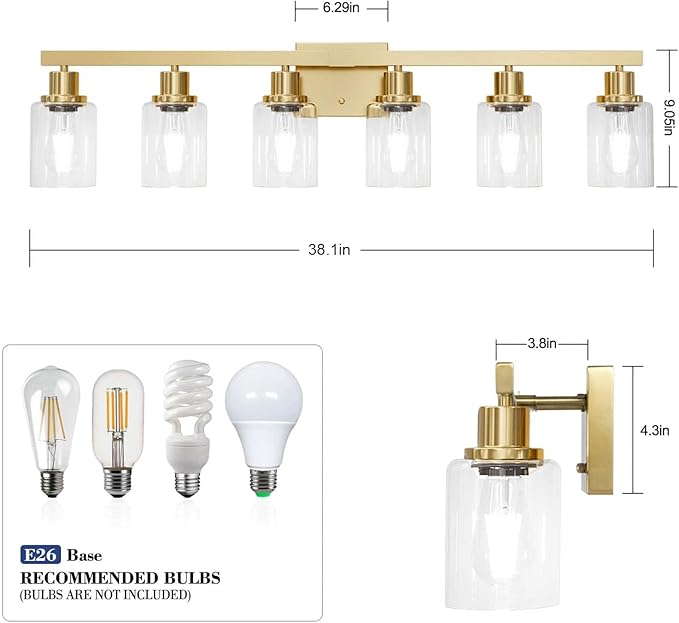 6 Light Gold Bathroom Vanity Light,Bathroom Light Fixtures, 38" Modern Brushed Gold Vanity Lighting Fixtures for Bathroom Over Mirror, Gold Sconces Wall Lighting for Bedroom