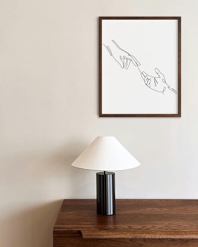 Minimalist Reaching Hands Wall Art Continuous Line Drawing Connection Symbol 8x10 Inch Oak Wood Walnut Framed Aesthetic Modern Decor Print for Bedroom Living Room