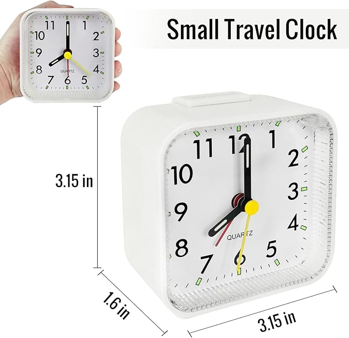 Small White Kids Desk Battery Alarm Clock, Analog Travel Clock, Quieter Bedside Clocks for Bedrooms Bathroom Living Room Kitchen Shelf