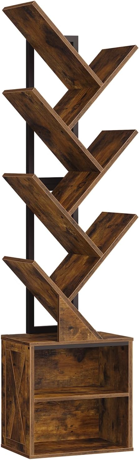 Tree Bookshelf, 6 Tier Bookcase with 2 Storage Racks, Free Standing Tall Wooden Bookcase, Floor Standing Book Shelf Organizer for Living Room, Bedroom, Study, Home Office, Rustic Brown