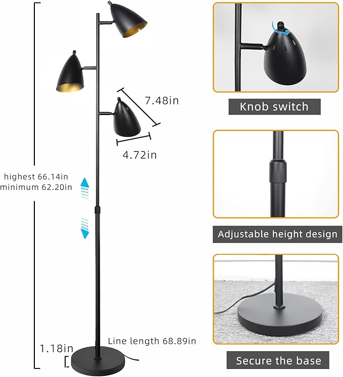 Tree Floor Lamp for Living Room, Industrial 3-Light Standing Lamp with 3 LED Bulbs, Adjustable Rotation Heads, Standing Tall Pole Lamp Farmhouse Rustic Reading Lamps for Bedroom Office (Black)