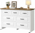 Marsail Farmhouse 7 Drawer Dresser, Wood Chest of Drawers with Natural Texture, Smooth Gliding Drawers, Versatile Storage Organizer Cabinet for Bedroom & Living Room, White and Brown