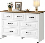 Marsail Farmhouse 7 Drawer Dresser, Wood Chest of Drawers with Natural Texture, Smooth Gliding Drawers, Versatile Storage Organizer Cabinet for Bedroom & Living Room, White and Brown