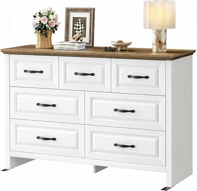 Marsail Farmhouse 7 Drawer Dresser, Wood Chest of Drawers with Natural Texture, Smooth Gliding Drawers, Versatile Storage Organizer Cabinet for Bedroom & Living Room, White and Brown