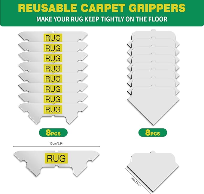 16 PCS Carpet Tape,Non Slip Carpet Pads for Area Rugs on Hardwood Floors,Laminate,Tile,LVP Floors,Reusable and Removable Rug Corner Pads with No Residue