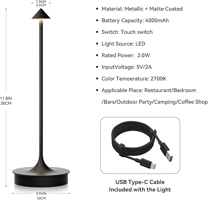 Set of 2 Small Cordless Table Lamp Rechargeable, Battery Operated Desk Lamp, 4000mAh LED Touch Lamp, Dimmable Portable Outdoor Waterproof Wireless Table Light for Restaurants/Bars/Outdoor(Black