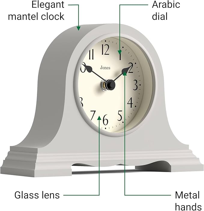JONES CLOCKS® Speakeasy Mantel Clock | Classic Napoleon’s hat Design | Gray | Contemporary Classic Style for Desk, Table, Shelf or Bedside