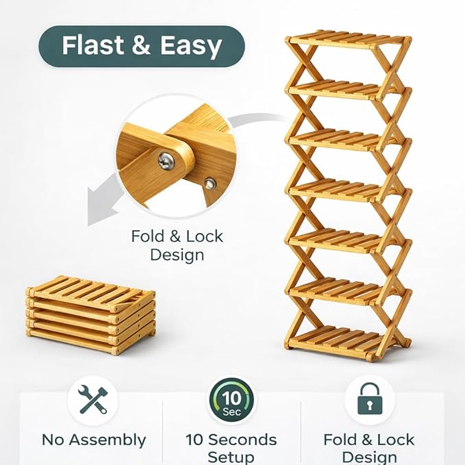 Upgraded The 9-Tier No-Assembly Bamboo Shoe Rack (3–9 Tier), Folding Bamboo Shoe Storage Rack with Zero Assembly Required and Space-Saving Design for Entryway Closet Apartment (Brown, 8 Tier)
