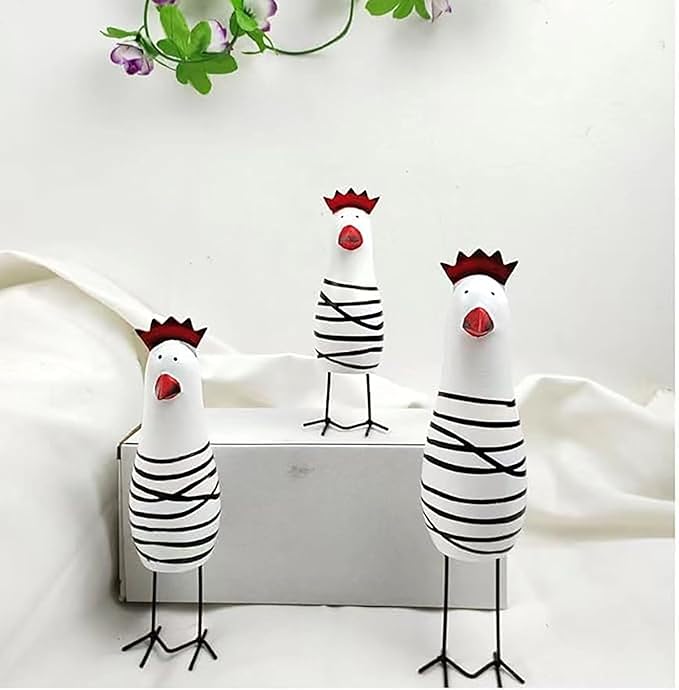 3PCS Wood Chicken Rooster Decor Figurines Set Farmhouse Rustic Home Office Decor